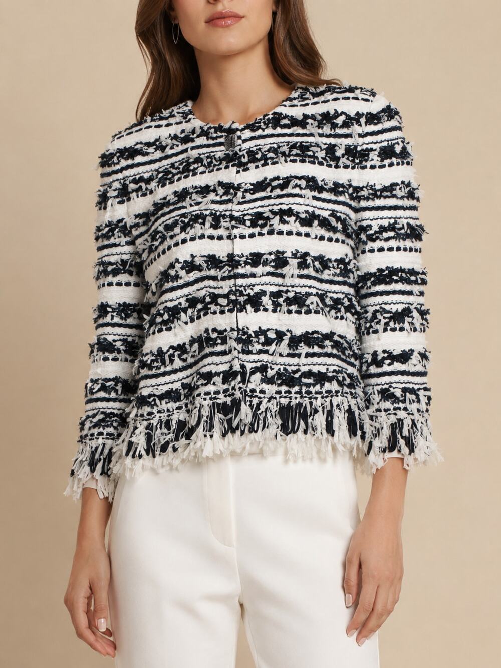St John Tweed Knit Jacket Womens Large Black White Fringe Collarless Wool Blend